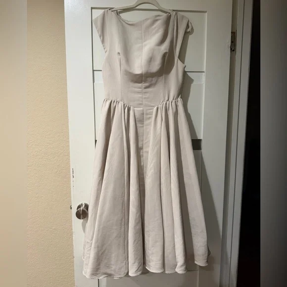 House of CB Pale Blush Dove Gray Midi Fit-and-Flare Dress - Picture 1 of 10